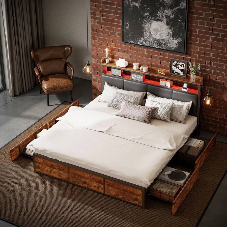 Cama tapizada, 140x200cm, canapé con 4 cajones, diseño industrial moderno con decoración en madera, con cabecero de almacenaje en PU, estructura de hierro, cama doble, sin colchón, color negro - Negro - Ver 1
