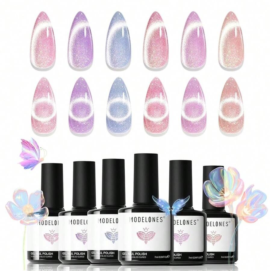 Cat Eye Gel Nail Polish Set, 6 Colors 9D Glassy Cat Eye Glitter Gel Polish Black Red Purple Blue Silver Brown Nail Polish All Seasons With Magnet Soak Off Led DIY Salon Gift-842643 - 全像彩虹貓眼 - 查看 1