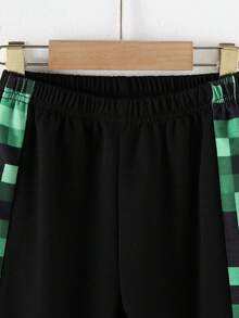 2pcs/Set Boys' Mosaic Plaid Print Long Sleeve Hoodie Sweatshirt + Mosaic Plaid Print Patchwork Solid Color Pants, Autumn/Winter - Green - View 6