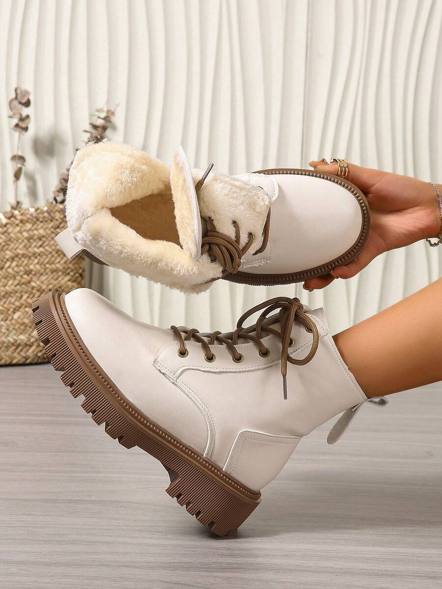 2025新款秋冬'女鞋'厚底大码学生鞋'时尚百搭休闲'女鞋'侧拉链'学生鞋'青少年中学生鞋'学生靴'休闲踝靴 - 白色 - 查看 1