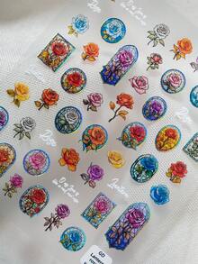 1 Stück Blumen Nail Art Aufkleber, geprägtes Muscheldesign mit Glanz, handbemalte Rosen, mit mehrfarbigen Rosen, Pfingstrosen und europäischen Architektur Fenstermustern, geeignet für persönliches DIY und Nagelstudios Nägel Nagelbedarf Nagelaufkleber - Verschiedenfarbig - Übersicht 9