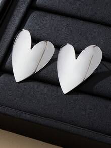 1 Pair Fashionable Heart-Shaped Metal Earrings, Valentine's Day Jewelry - Glossy-silver - View 3