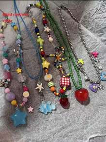 波西米亚风韩式彩色糖果星星流苏吊坠项链，甜美心形链条，Y2K美学饰品