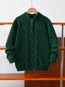 Boys' Solid Color Cable Knit Half Zip Sweater, School Style, Suitable For Spring, Autumn And Winter - Green - View 2