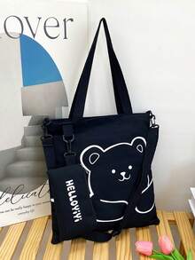 帆布手提包，卡通印花，适合学生，单肩包，斜挎包，多功能，大容量背包 - 黑色 - 查看 3