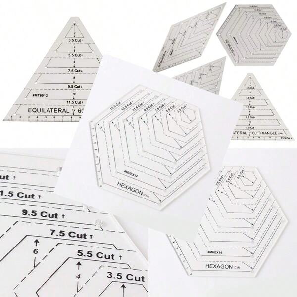 4Pcs Quilting Ruler With 60 Degree Triangle And Diamond 45 Degree Diamond Hexagon Shape Templates Transparent Patchwork Sewing Cutting Craft Ruler DIY Tools