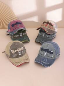 1pc Men's Color Block Embroidered Letter Distressed Washed Vintage Motorcycle Cap, Sun-Shading Fashion Baseball Hat, Streetwear Casual
