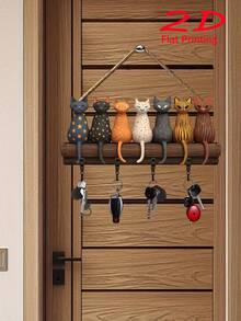 2D Flat, 1pc Imaginative Cat Shaped Keychain, Minimalist Colorful Wooden Key Holder Rack With 4 Metal Hooks, Entryway & Room Organizer, Perfect Housewarming Gift, Wall Decor, Entryway Decor, Room Decor, Villa Decor, Seasonal Home Decor - Multicolor - View 2