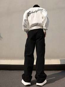 1 件男士多口袋纯色修身工装裤，适合春夏海滩、度假、日常通勤、运动、户外、休闲、健身、跑步、直筒裤，百搭时尚，秋季 - 黑色 - 查看 3