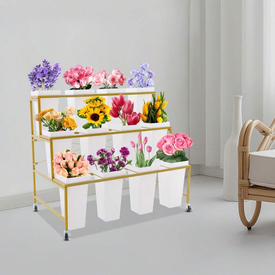 3-Tier Flower Display Stand, Plant Stand Rack, Flower Display Stand With 12 Buckets - Gold+White - View 1