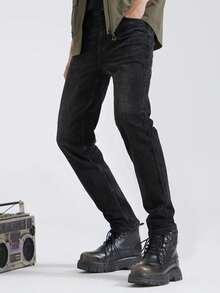 CAMEL CROWN Men's Straight Jeans Autumn And Winter Slim Stretch Casual Wide-Leg Trousers - Dark Gray - View 2