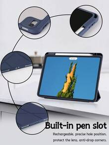 1pc Acrylic Y-Fold Flat Tablet Protective Case, Custom Text, Compatible With IPad Mini 6/Mini 7/9.7/10.2/10.5/Air 4/Air 5/10th/10.9/Pro 11"/Air 11" (M2) 2024/Pro 11" (M4) 2024/IPad Air 11" (M3) 2025/IPad (A16) 11" 11th Gen 2025, Stylus Not Included, Some Models With Lens Frame, Multi-Fold Stand, Built-In Pen Slot, High Transparency Acrylic Shell, Magnetic Auto Sleep/Wake, Minimalist/Casual/Personalized - Dark Blue - View 4