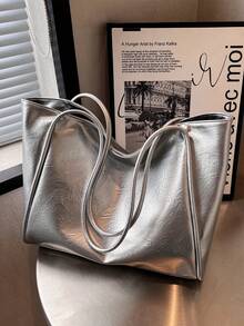 时尚纯色褶皱纹理设计女士手提包，休闲百搭夏季新款单肩包，校园风学生单肩包，适合大学生日常通勤和购物，轻便大容量学生手提包 - 銀色 - 查看 7