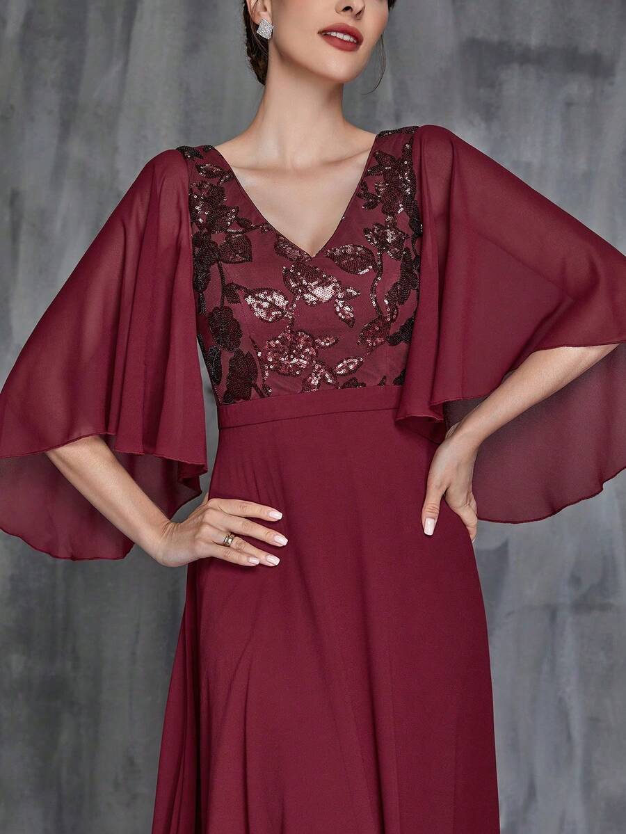 Faeriesty Đầm dành cho mẹ cô dâu thanh lịch, thiết kế cổ chữ V, tay áo xếp ly, chân váy chữ A bồng bềnh - Sự lựa chọn lý tưởng cho các đám cưới trang trọng, tiệc gala, tiệc kỷ niệm, sự kiện từ thiện và các buổi tiệc sang trọng. - Màu Đỏ Sâu - Xem 1