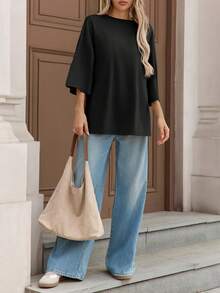 Fisoew Women's Oversized T Shirts Casual 3/4 Sleeve Side Slit Workout Gym Loose Fit Summer Tee Tunic Tops - Y2K Streetwear Basic Fashion Comfort Fit Plus Size - 黑色 - 查看 5