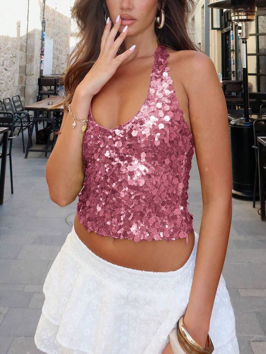Women's Party Halter Backless Solid Color Sequin Top, Slim Fit Cropped Top - Hồng - Xem 1