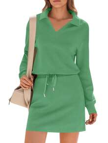 Fisoew Women's 2 Piece Outfits Casual Polo V-Neck Sweatshirt & High Waisted Skort Skirts Running Tracksuit Sets - Sporty Y2K Coquette Aesthetic Tennis Skirt Set Lounge Wear Matching Sets - bạc hà - Xem 2