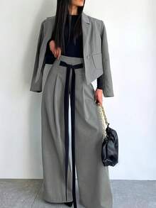2 Pieces Set: Elegant Vintage Design Loose Blazer Jacket And Wide Leg Pants, Solid Color, Commuter Style, Autumn/Winter 2025 Christmas Collection