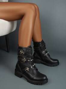 Women's Thick Sole Ankle Boots With Rhinestone Studs, Motorcycle Boots, Gothic Punk Style With Metal Decoration Chain And Zipper - Black - View 5