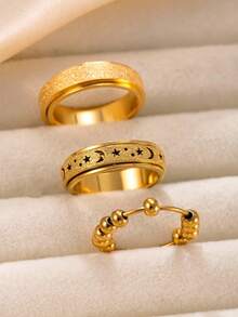 3pcs Fashionable Stainless Steel Rotatable Rings With Star & Moon/Silver Bead Design, Matching Daily Outfit Fidget Jewelry