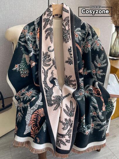 1件花卉提花针织仿羊绒保暖围巾/披肩，女士适用，秋冬季百搭时尚配饰，适合搭配连衣裙。