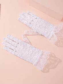 1 双女士性感时尚深色哥特式玫瑰蕾丝手套，适合派对礼服 - 白色-1098 - 查看 3