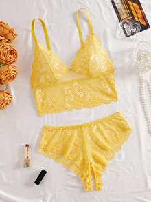 Women Sexy Butterfly Lace Lingerie Set Lace See-Through Top With Open-Crotch Underwear Adult Lingerie 2Pcs Set - Yellow - View 3