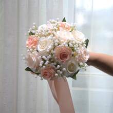 Wedding Bouquets Large For Bride Bridesmaid, Champagne Artificial Roses Flowers For Wedding Church Proposal Home Desk Center Decoration - Pink - View 3