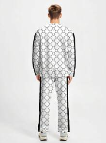 2pcs Men's Printed Crew Neck Sportswear Set, Letter & Grid Printed Casual Sweatshirt And Pants Outfit, Suitable For Outdoor And Sports,Fall Clothes