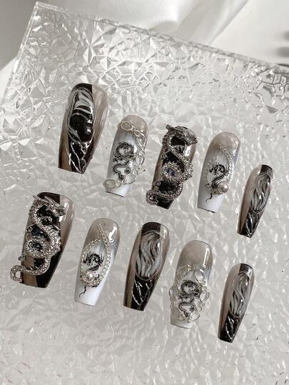 10 piezas de pegatinas de uñas en forma de ataúd de acrílico, uñas de Halloween, uñas postizas, uñas con patrón de dragón plateado y negro, diseño elegante de estilo chino 3D, uñas negras, adecuadas para fiestas, festivales, se pueden usar como herramientas de arte de uñas y regalos, el juego de arte de uñas DIY incluye herramientas, suministros para uñas, decoraciones de uñas hechas a mano