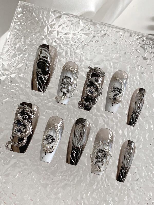 10 Pieces Acrylic Press On Nails, Coffin-Shaped,Halloween Nails,Fake Nails, Silver And Black Dragon Pattern Manicure, Three-Dimensional Shape Interprets Chinese Style Cool, Black Nails,Suitable For Ladies To Use In Parties, Holidays, Gift Nail Tools.