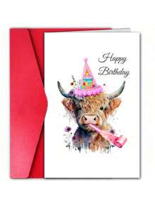 1pc Birthday Greeting Card, Premium Paper, Envelope Included, Universal Birthday Wishes For Family, Friends, Classmates, Unique Yak Design With Party Hat