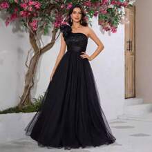 Women's Ball Gown Evening Dress With Three-Dimensional Flowers, Single Shoulder Decorated With Mesh, Elegant And Graceful Evening Dress - CJL20115