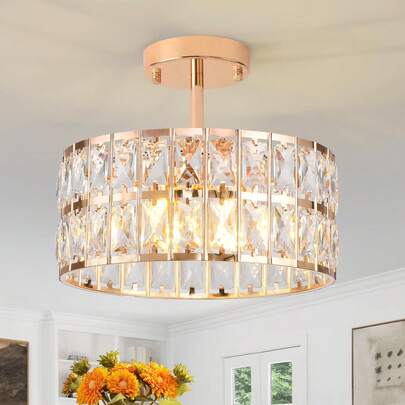 Small Golden Modern Crystal Pendant Light Semi Embedded Pendant Light Drum Shaped Crystal Ceiling Pendant Light, Suitable For Entrance Hall, Kitchen Corridor, Restaurant