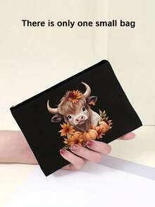 Bolso de mano de lino negro con estampado de vaca de las tierras altas, diseño de estilo campestre con patrón de vaca de las tierras altas, bolsa de cosméticos de gran capacidad con cuerda de mano, regalo de Navidad, monedero de lino negro, bolsa de compras negra, bolsa de cosméticos, con diseño de estampado de letras y patrones artísticos para mujer, de vuelta a la escuela, uso diario como bolsa de compras conveniente, regalo de agradecimiento para maestros, bolso de lona de gran capacidad para mujer, conjunto de bolso y estuche de maquillaje