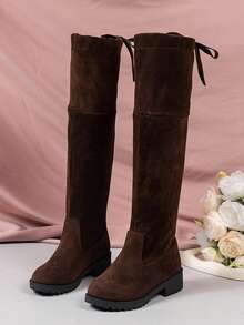 1 双女童过膝靴，纯色，绒面革材质，系带鞋跟，圆头，低粗跟，时尚百搭，弹力靴，适合日常穿着 - 棕色 - 查看 5