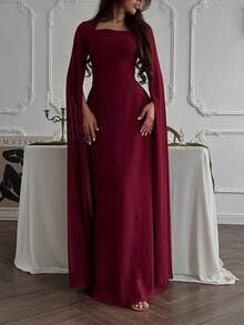 优雅时尚披肩袖宫廷风修身连衣裙，适合毕业典礼、婚礼等场合，高端优雅长袖斗篷式性感修身优雅长袖连衣裙，酒红色，春季必备 - 酒紅色 - 查看 6