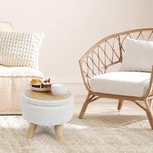 Round Teddy Boucle Storage Ottoman Foot Stool, Soft Sponge Foot Rest With Wooden Legs, Small Upholstered Storage Bench For Entryway, Bedroom, Living Room & Couch - White - View 2