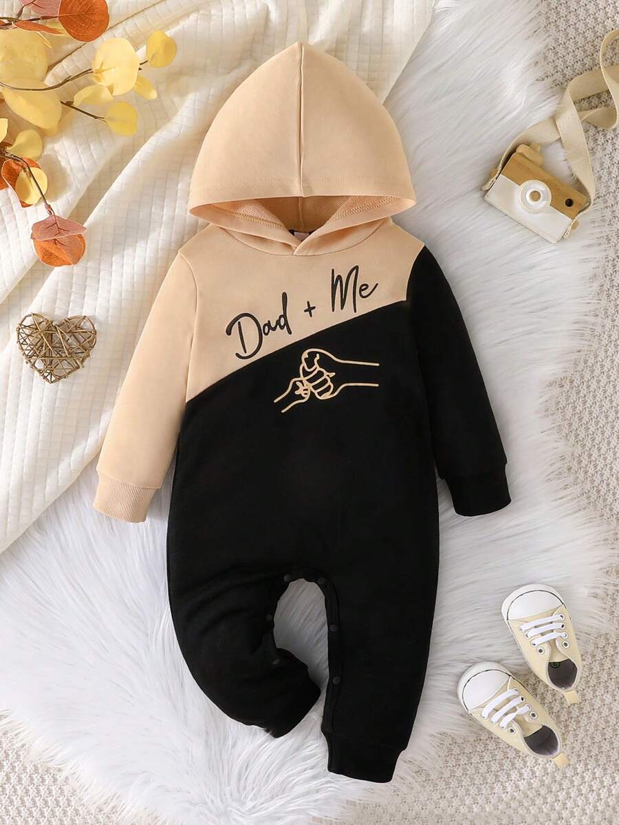 男嬰極簡字母圖案拼色薄款連帽連身衣爬行服 - 杏色 - 查看 1