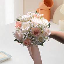 Wedding Bouquets Large For Bride Bridesmaid, Champagne Artificial Roses Flowers For Wedding Church Proposal Home Desk Center Decoration - Pink - View 6