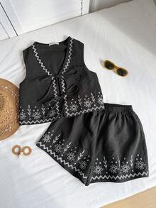 Rusttydustty Un ensemble de deux pièces noir pour les tenues de vacances décontractées, bohème, de plage, de festival de musique à Hawaï, de vacances tropicales, de Noël et d'Halloween des femmes - Noir - Voir 2