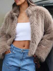 女士休闲百搭米色街头时尚柔软人造毛皮开衫夹克，适合冬季 - 卡其色 - 查看 8