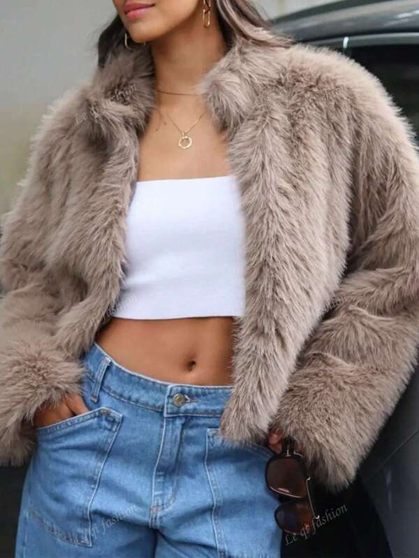 Women's Casual Versatile Beige Street Chic Soft Faux Fur Cardigan Jacket, Autumn/Winter