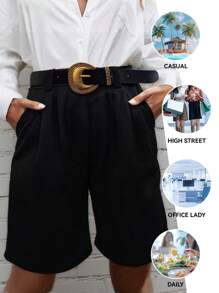 2pcs Women's Elegant Solid Color High Waist Pocket Shorts, Casual And Work Office Everyday Wear, Summer