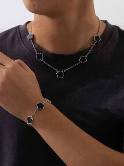 1 套男士时尚商务风格幸运四叶草吊坠项链和手链