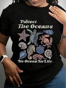Women's Protect The Oceans Marine Life Print T-Shirt - Short Sleeve Crew Neck Casual Top With Sea Turtle & Starfish Design, Graphic Tee For Spring Summer, Machine Washable, Oceanthemed Apparel, O - 黑色 - 查看 1
