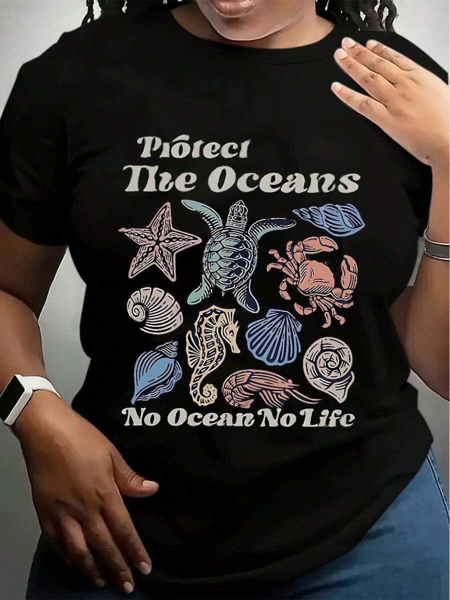 Women's Protect The Oceans Marine Life Print T-Shirt - Short Sleeve Crew Neck Casual Top With Sea Turtle & Starfish Design, Graphic Tee For Spring Summer, Machine Washable, Oceanthemed Apparel, O - 黑色 - 查看 1