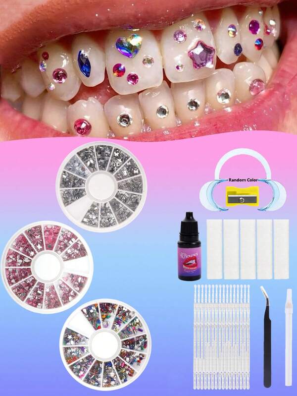 novani Kit de decoración de dientes en forma especial de resina de 12 rejillas (con pegamento), joyas DIY creativas con gemas dentales adecuadas para fiestas, accesorios de festivales