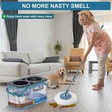Spin Mop Bucket With Wringer: 4-Chamber (Dirty/Clean Water), 6 Replacement Heads & 4 Wheels – Home Cleaning - 藍/灰+10個拖把頭 - 查看 8