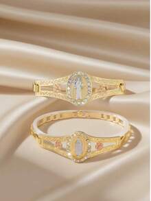 1pc Fashion & Simple Glitter Handpainted Colorful Virgin Mary & St. Benedict Bracelet, Suitable As Gift For Lovers, Friends, Daily & Festival Wear, Prayer - Yellow Gold - View 1